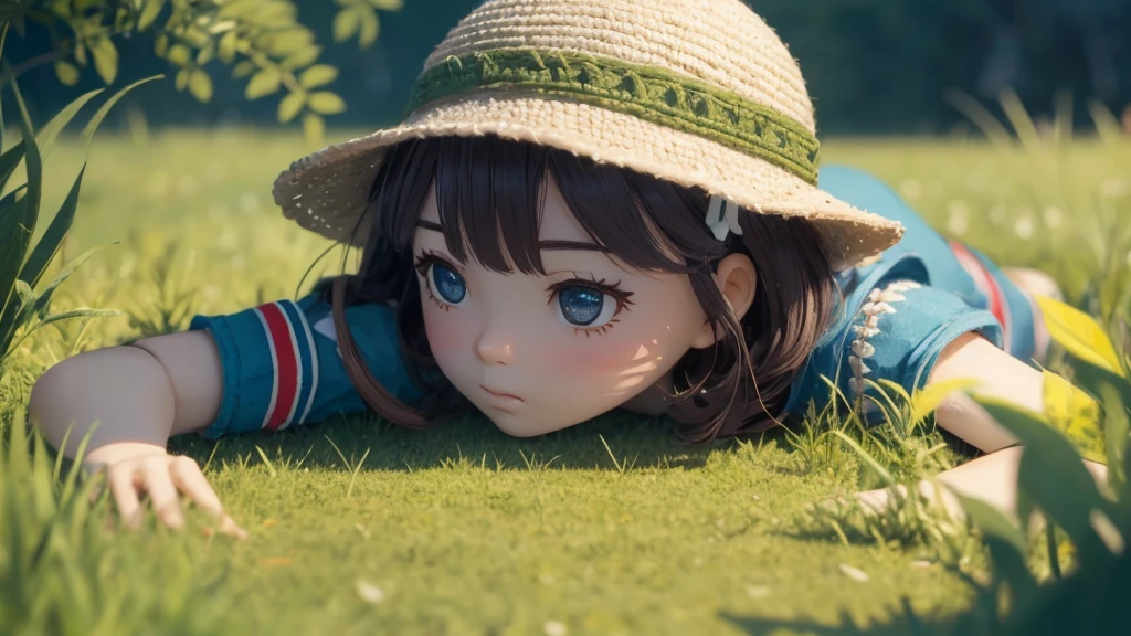 Girl doll、bank、river、bridge、Enjoying airsoft、uniform、Crawling through the grass,octane render、(Hyper-detailing: 1.15)、cinematic lightening、super fine eyes、Full Paint、Anatomically correct、Blur、Depth of written boundary