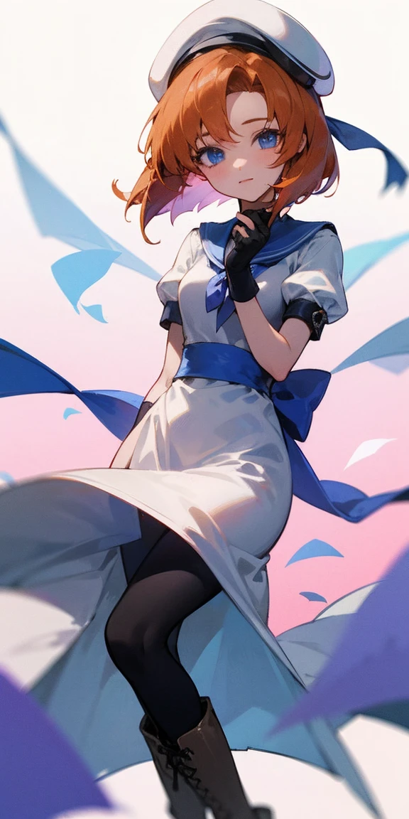 One girl，Beautiful viewasterpiece、Highest quality)，Short Hair,Orange Hair，Blue wristband，Black tights，boots，Short sleeve,Light colors,White long slit dress、White Beret，Blue eyes,ribbon