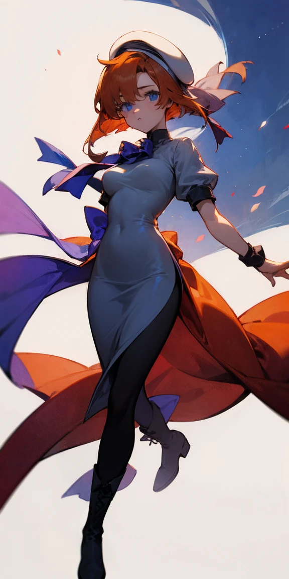 One girl，Beautiful viewasterpiece、Highest quality)，Short Hair,Orange Hair，Blue wristband，Black tights，boots，Short sleeve,Light colors,White long slit dress、White Beret，Blue eyes,ribbon