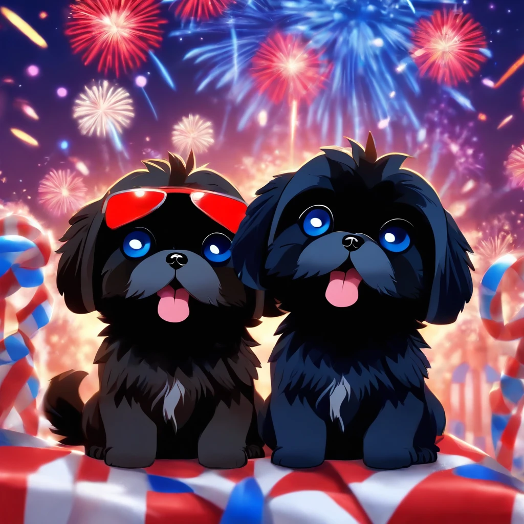 2 Adorable small happy black Shih Tzu puppies wearing sunglasses picnic fireworks red white and blue background
Pixar 3D cartoon
