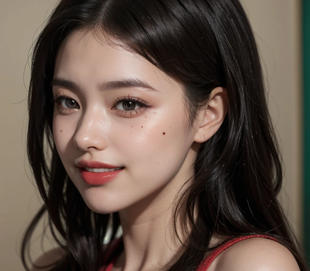 1 girl, 25 years old, south korean, 4k, masterpiece, realistic, realistic textures, frekles under eyes, short whavy black hair, bob hair, shining brown pupils, detailed pupils, red lips, red eyeliners, happy, big smile, closed mouth, a mole in neck, multiple of frekles under eyes, detailed face, facing camera, bright colors, close up, face focus.