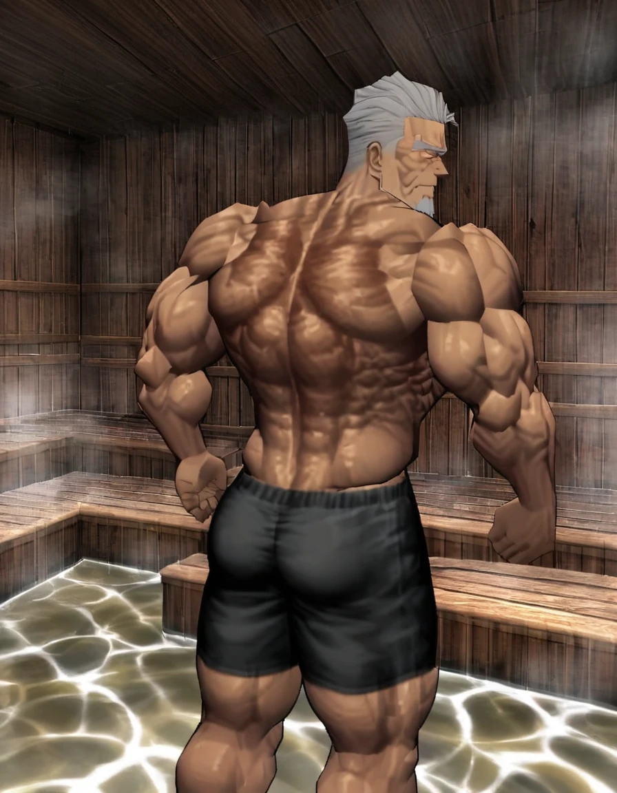 Muscular old man，In the sauna，Chest，arm，back，The legs are big。Rich facial details，Chest有暴筋，Black shorts stand out，Big abdominal muscles。