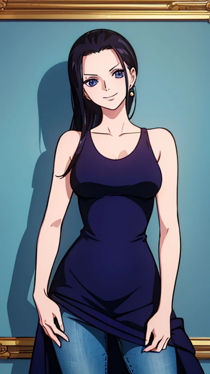 Nico robin, 1girl, solo, looking at viewer, cowboy shot, smiling, black hair, open hair, pirate, blue cerulean eyes, one piece nico robin, blue full jeans, dark purple dress, luxury room background, golden