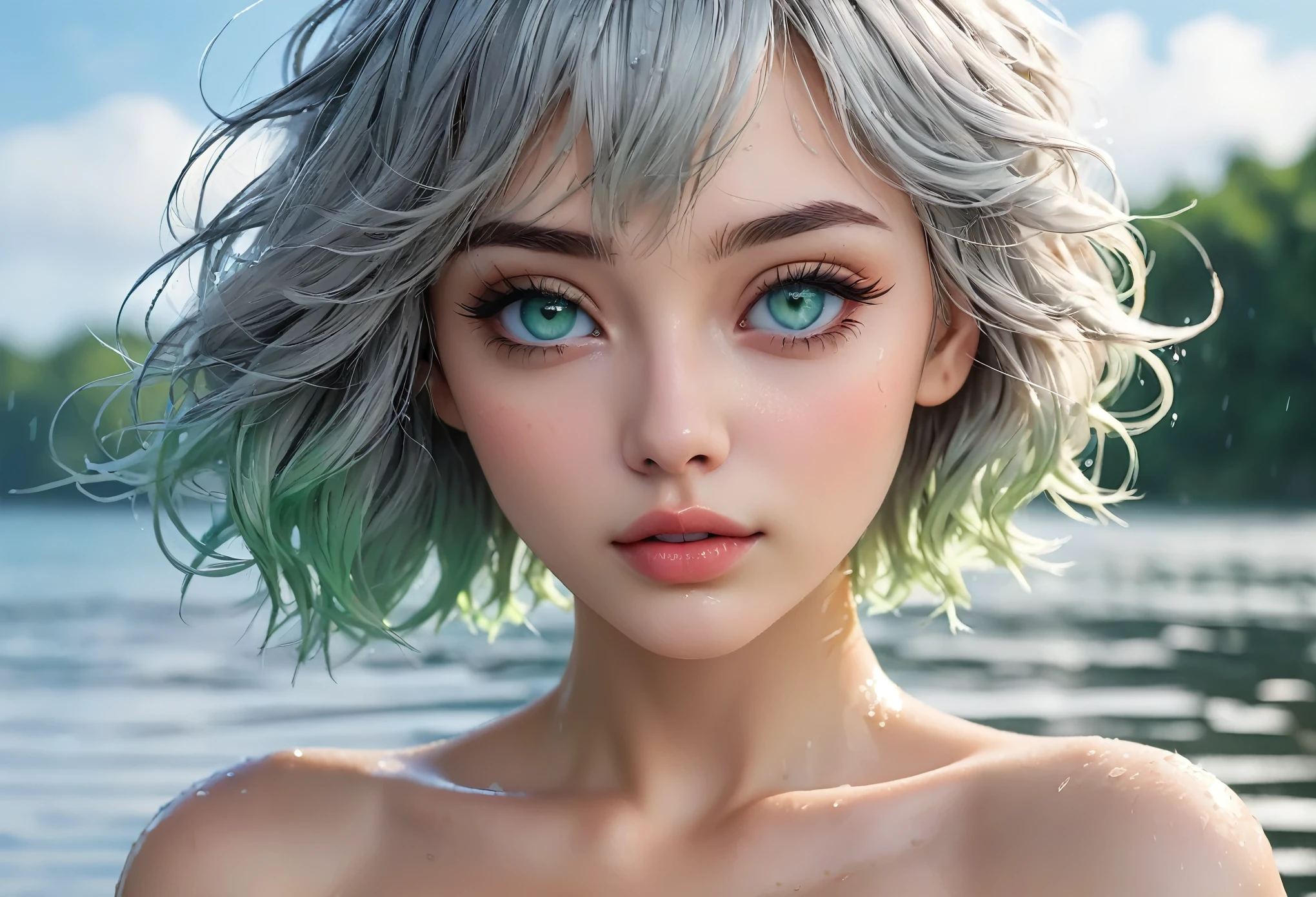 (best quality, masterpiece :1.3), pretty Woman, 1 girl, (Large Breasts, Beautiful clavicle, Attractive figure :1.2), short hair, Wavy ends, Silver hair gradient light blue hair, messy hair, single sidelock, (wet from rain, get wet by rain, wet :1.2), Sky blue gradient lake green eyes, pupils reflect surroundings, super detailed face, delicate lips, exquisite eyes, double eyelids, long upper eyelashes, upturned eyes, pupils sparkling, 16k, high details