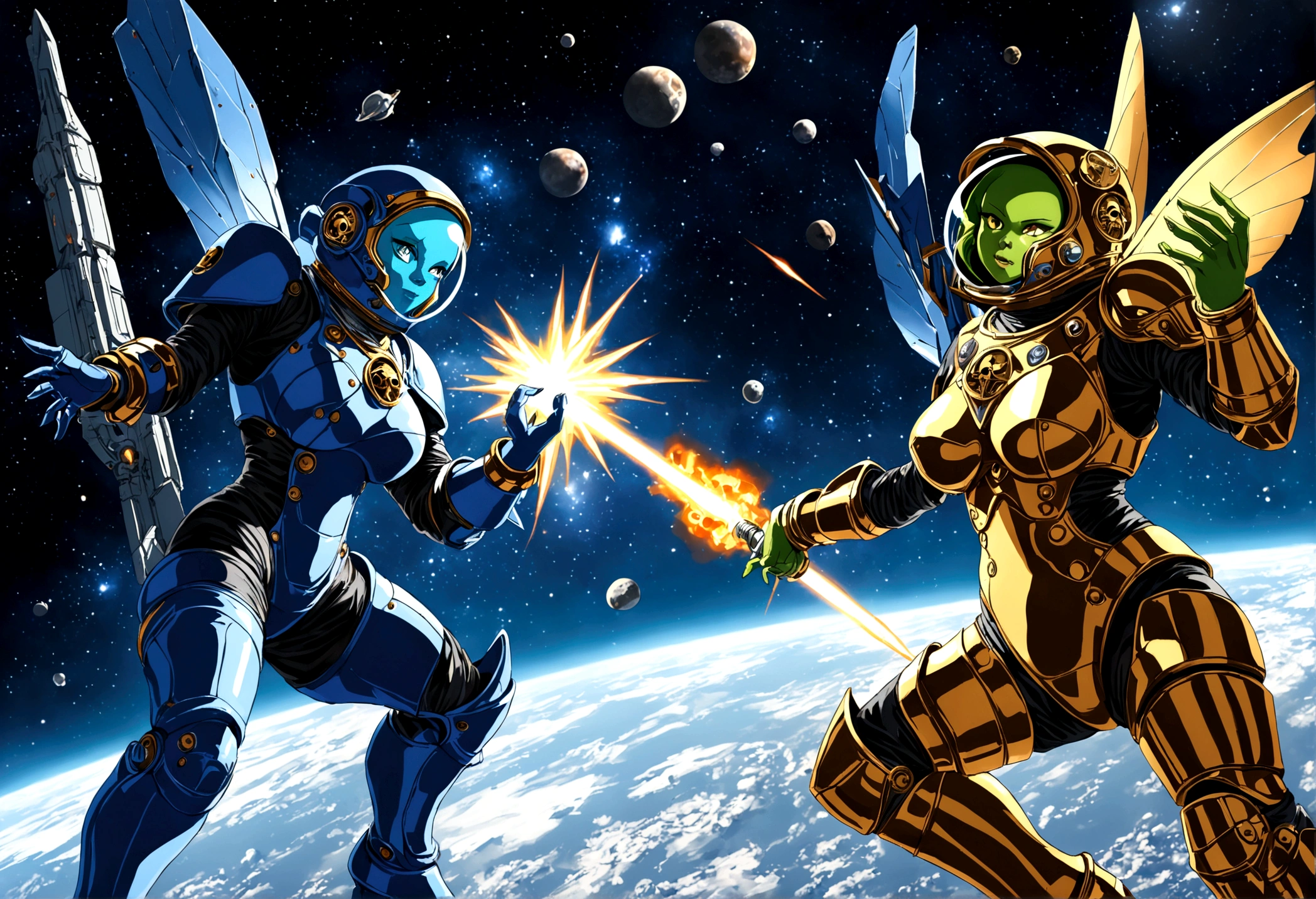 A battle is happening in space. Space fairies (cute women in sparkly blue sexy outfits that leave sparkling magic trails) are shooting lightning at space goblins (hot ugly women, green skin, a little chunky, big tits, wide hips, scrap metal space suits, scrap metal ships, scrap metal weapons, skull insignias) the goblins and fairies are having a epic space battle, magical fight in space
