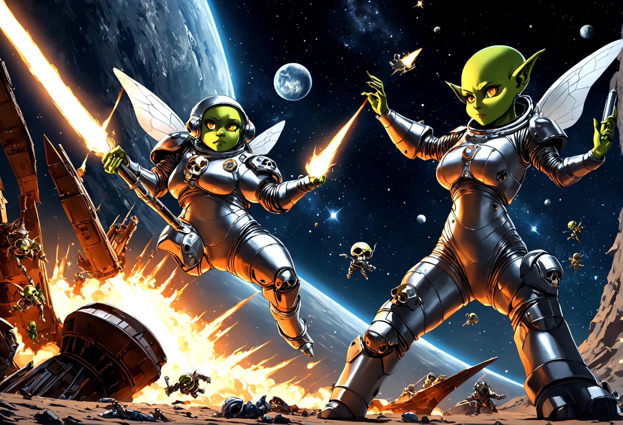 A battle is happening in space. Space fairies (cute women in sparkly blue sexy outfits that leave sparkling magic trails) are shooting lightning at space goblins (hot ugly women, green skin, a little chunky, big tits, wide hips, scrap metal space suits, scrap metal ships, scrap metal weapons, skull insignias) the goblins and fairies are having a epic space battle, magical fight in space