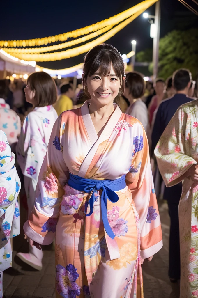 ((Bon Odori with Yukata))((Japanese mature woman in her 45 years old)), ((Top Quality, 8K, Masterpiece: 1.3, photorealistic)), (smile), (looking at the viewer), Milf and attractive woman, sexy big brest,Japanese Festivals、yukata、Bon Odori with Yukata、