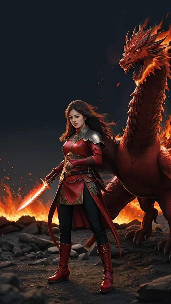 realistic photo of a woman, Asian face, fantasy warrior clothes, red, black, gloves, red shoes, long hair, wind blowing effect, fighting a large dragon monster, an orc with a flaming sword in her right hand, bright red and full lips. fire, flmngprsn, hand, holding, standing on island rock, stick medieval old style fashion front facing colored fire effect smoke background in sea of ​​fire effects and realistic sparks masterpice ultra hd visible full body.