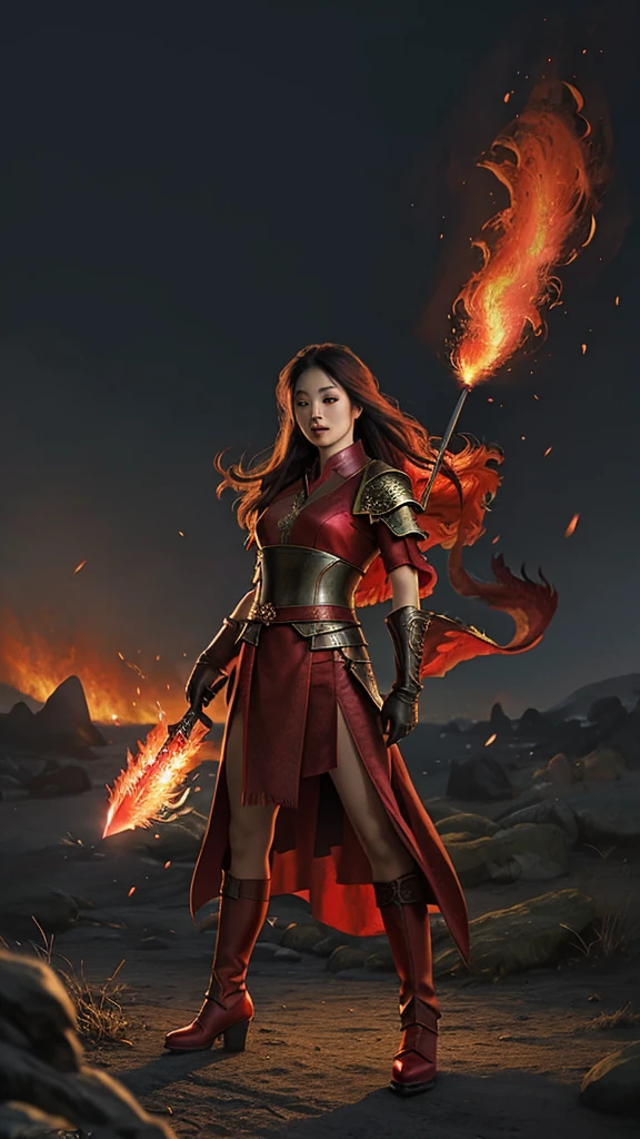 realistic photo of a woman, Asian face, fantasy warrior clothes, red, black, gloves, red shoes, long hair, wind blowing effect, fighting a large dragon monster, an orc with a flaming sword in her right hand, bright red and full lips. fire, flmngprsn, hand, holding, standing on island rock, stick medieval old style fashion front facing colored fire effect smoke background in sea of ​​fire effects and realistic sparks masterpice ultra hd visible full body.