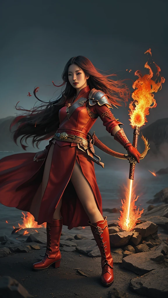 realistic photo of a woman, Asian face, fantasy warrior clothes, red, black, gloves, red shoes, long hair, wind blowing effect, fighting a large dragon monster, an orc with a flaming sword in her right hand, bright red and full lips. fire, flmngprsn, hand, holding, standing on island rock, stick medieval old style fashion front facing colored fire effect smoke background in sea of ​​fire effects and realistic sparks masterpice ultra hd visible full body.