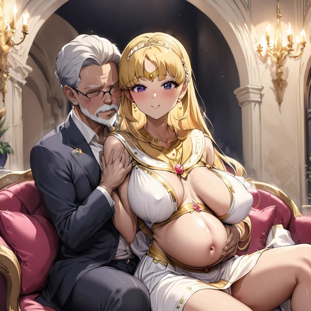 ((Highest quality)), ((masterpiece)), (detailed), (Perfect Face)、The woman is a vivid brown-skinned Egyptian named Tsukino Usagi, and is wearing a gorgeous, glittering Egyptian traditional dress with gold embroidery, a gorgeous hijab, gorgeous jeweled accessories and an engagement ring in a luxurious Egyptian mansion. The woman and the man are sitting on a luxurious, large sofa in the luxurious room, and the woman is being embraced by a dignified, bearded middle-aged man wearing Egyptian traditional dress, who is touching her breasts and crotch and kissing her.、The woman is the elegant Tsukino Usagi, with long blonde hair in a chignon twin tail. The woman is an Egyptian with vivid brown skin and wearing Egyptian clothing.、(The woman is the dark-skinned Egyptian Tsukino Usagi.)、the woman is pregnant