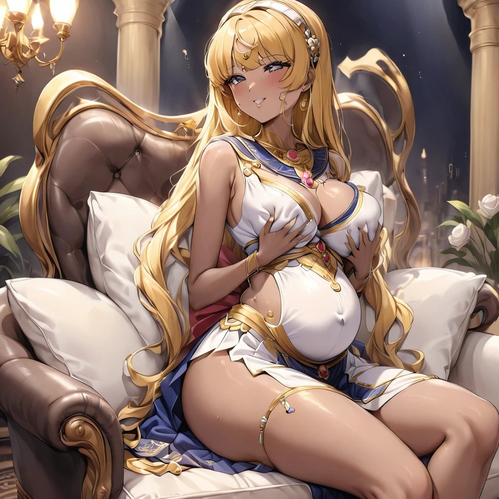 ((Highest quality)), ((masterpiece)), (detailed), (Perfect Face)、The woman is a vivid brown-skinned Egyptian named Tsukino Usagi, and is wearing a gorgeous, glittering Egyptian traditional dress with gold embroidery, a gorgeous hijab, gorgeous jeweled accessories and an engagement ring in a luxurious Egyptian mansion. The woman and the man are sitting on a luxurious, large sofa in the luxurious room, and the woman is being embraced by a dignified, bearded middle-aged man wearing Egyptian traditional dress, who is touching her breasts and crotch and kissing her.、The woman is the elegant Tsukino Usagi, with long blonde hair in a chignon twin tail. The woman is an Egyptian with vivid brown skin and wearing Egyptian clothing.、(The woman is the dark-skinned Egyptian Tsukino Usagi.)、the woman is pregnant