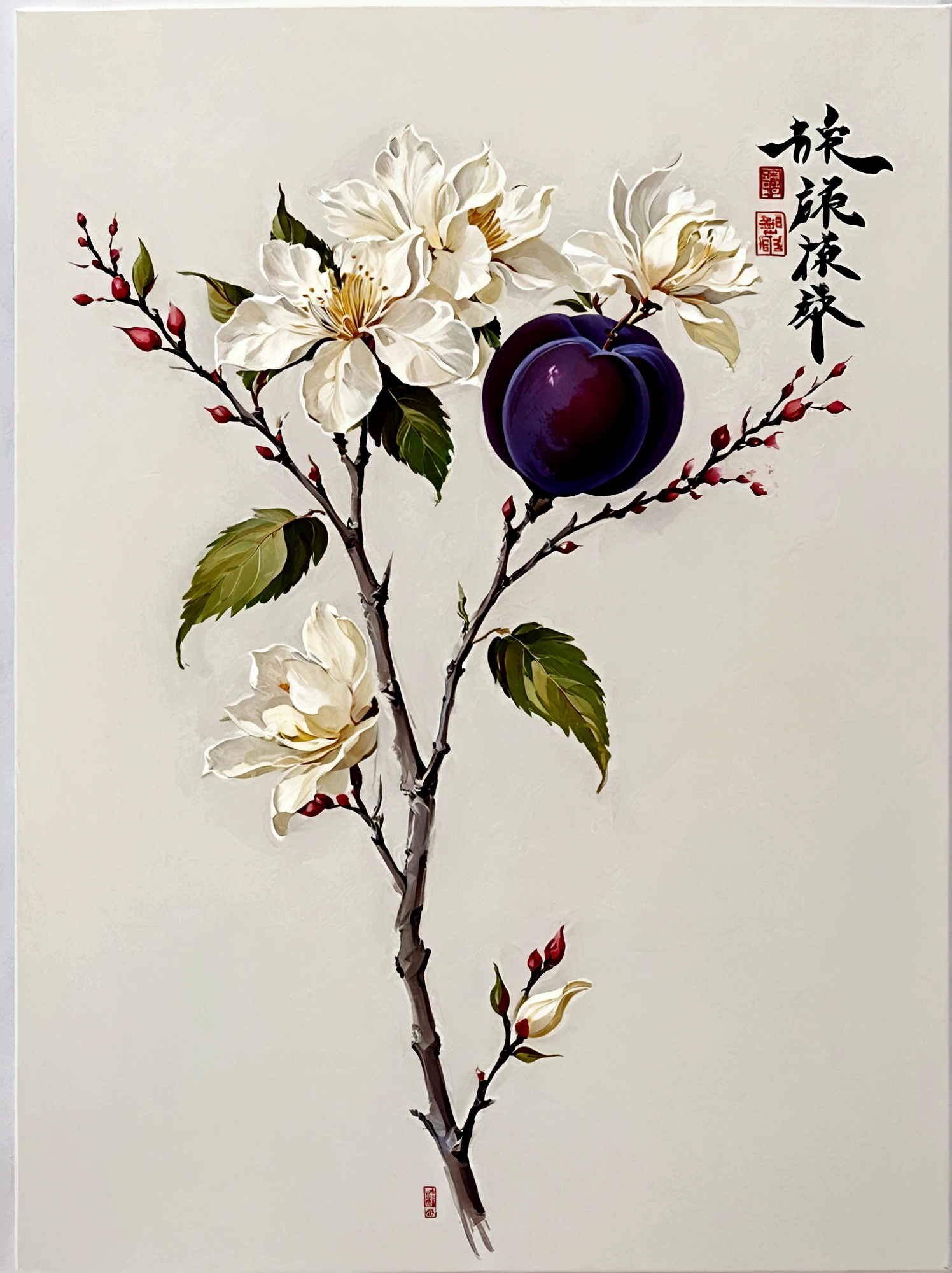 plum bossom,Chinese elements,color,Perfect proportion,symmetry,vanilla,bright,White background,real,emotion,Thick textured paint,