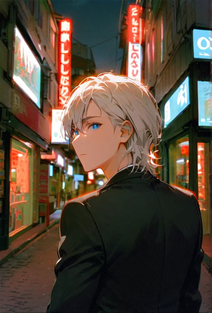 Half body portrait of a young man ,white hair, blue eyes, wears an all black suit. Stand and look back. Look back. Half-body image. Look back. background is Commercial street, red lights, shop signs everywhere
