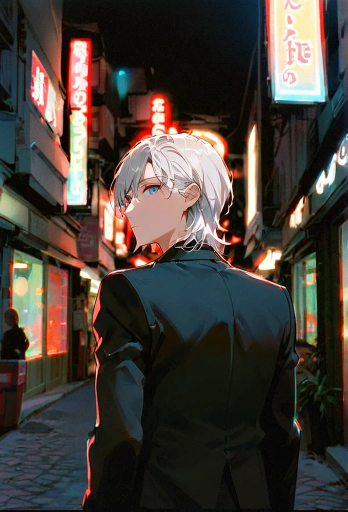 Half body portrait of a young man ,white hair, blue eyes, wears an all black suit. Stand and look back. Look back. Half-body image. Look back. background is Commercial street, red lights, shop signs everywhere