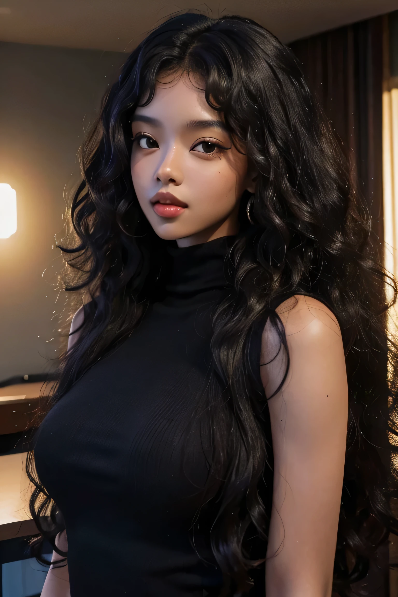 masterpiece, best quality, beautiful black and Asian mixed 19 year old, brown skin female, long, frizzy, curly black hair, perfect face, half body, long hair, melanin, curly dark hair