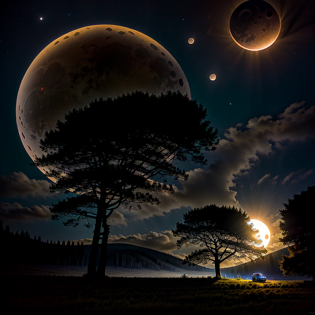Nature versus machine , landscape , night , eclipse
