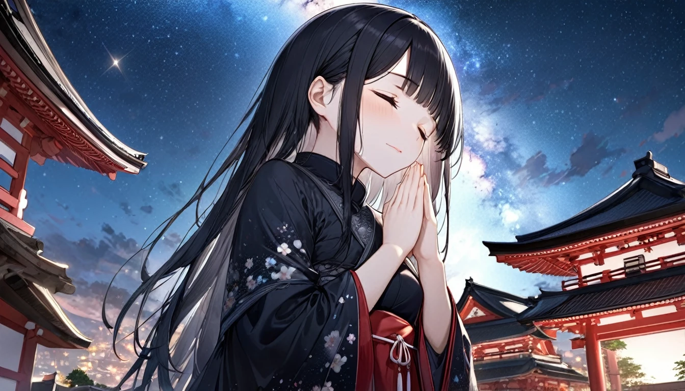 panoramic, low angle, (Memorial ,style) (Pressing palms together in prayer, looking at sky) (in a lady Mourning Costume), break, (solo:2, 15 yo, blunt bangs:1.2 black hair long hair girl, sad closed eyes, tears of eyes), (praying to Grandmother), in the night Dazaifu Tenmangu Shrine Memorial Tower rooftop, (background Lifestream Covering the night sky and Galaxy), BREAK, perfect anatomy, masterpiece, best quality, 16k, beautiful detailed lifestream, daydreaming expression.