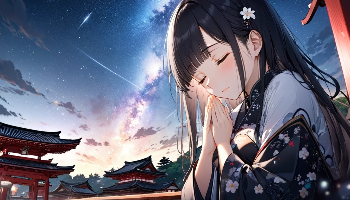 panoramic, low angle, (Memorial ,style) (Pressing palms together in prayer, looking at sky) (in a lady Mourning Costume), break, (solo:2, 15 yo, blunt bangs:1.2 black hair long hair girl, sad closed eyes, tears of eyes), (praying to Grandmother), in the night Dazaifu Tenmangu Shrine Memorial Tower rooftop, (background Lifestream Covering the night sky and Galaxy), BREAK, perfect anatomy, masterpiece, best quality, 16k, beautiful detailed lifestream, daydreaming expression.