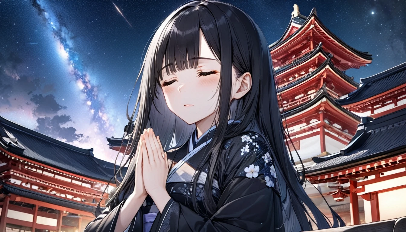 panoramic, low angle, (Memorial ,style) (Pressing palms together in prayer, looking at sky) (in a lady Mourning Costume), break, (solo:2, 15 yo, blunt bangs:1.2 black hair long hair girl, sad closed eyes, tears of eyes), (praying to Grandmother), in the night Dazaifu Tenmangu Shrine Memorial Tower rooftop, (background Lifestream Covering the night sky and Galaxy), BREAK, perfect anatomy, masterpiece, best quality, 16k, beautiful detailed lifestream, daydreaming expression.