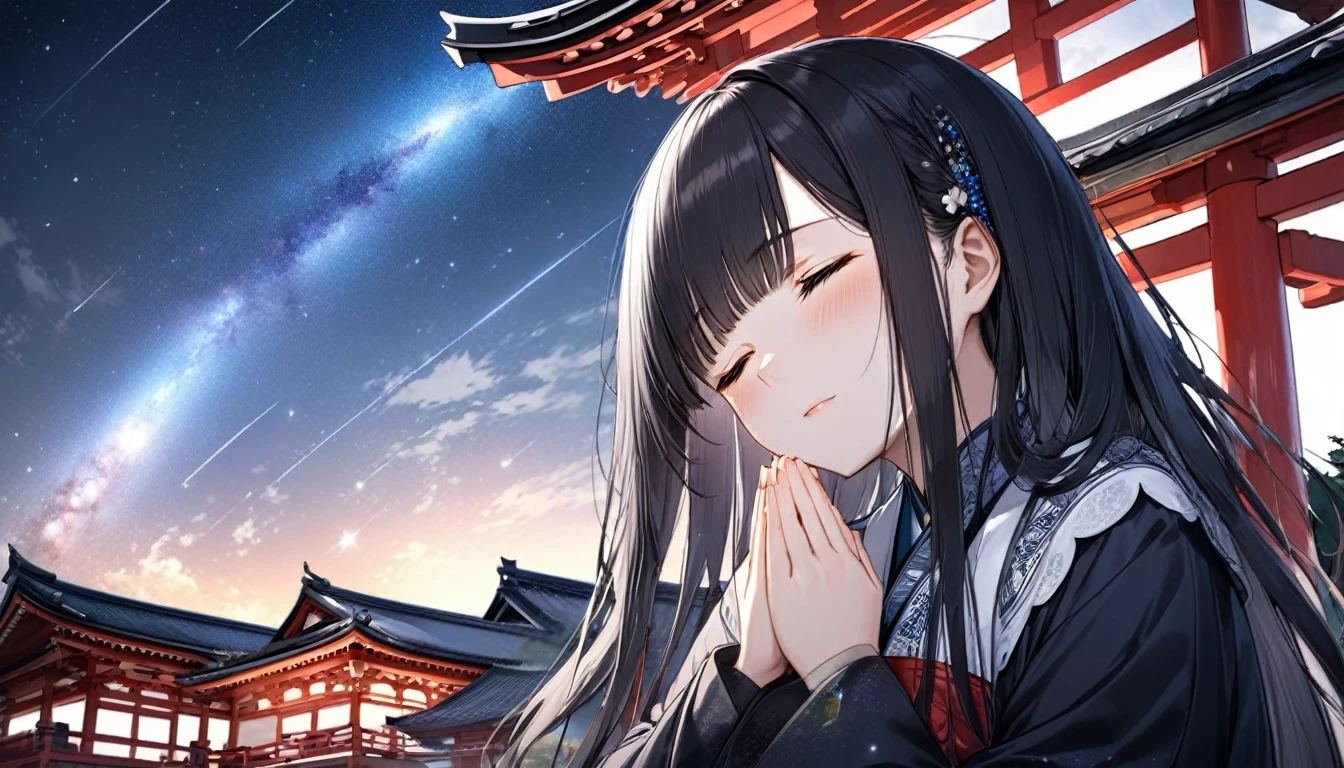 panoramic, low angle, (Memorial ,style) (Pressing palms together in prayer, looking at sky) (in a lady Mourning Costume), break, (solo:2, 15 yo, blunt bangs:1.2 black hair long hair girl, sad closed eyes, tears of eyes), (praying to Grandmother), in the night Dazaifu Tenmangu Shrine Memorial Tower rooftop, (background Lifestream Covering the night sky and Galaxy), BREAK, perfect anatomy, masterpiece, best quality, 16k, beautiful detailed lifestream, daydreaming expression.
