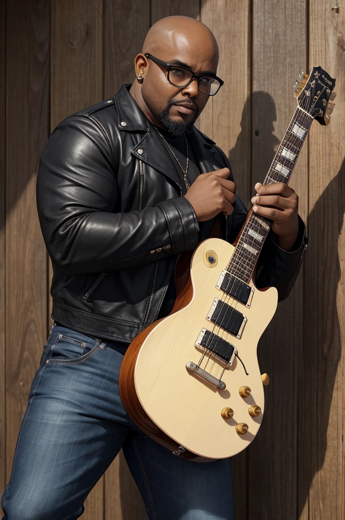 a man with dark skin, fat (overweight), bald (shaved head), black beard, medium height, with square-rimmed glasses, wearing rocker-style clothing with a black leather jacket without a shirt underneath and pants tight jeans with a chain on the front and a cloth hanging on the back and wearing black combat boots, playing the Gibson Les Paul Standard guitar, with a prominent posture in front of an isolated and small white church surrounded by a white wooden fence in a deserted terrain, front view, full body, close-up