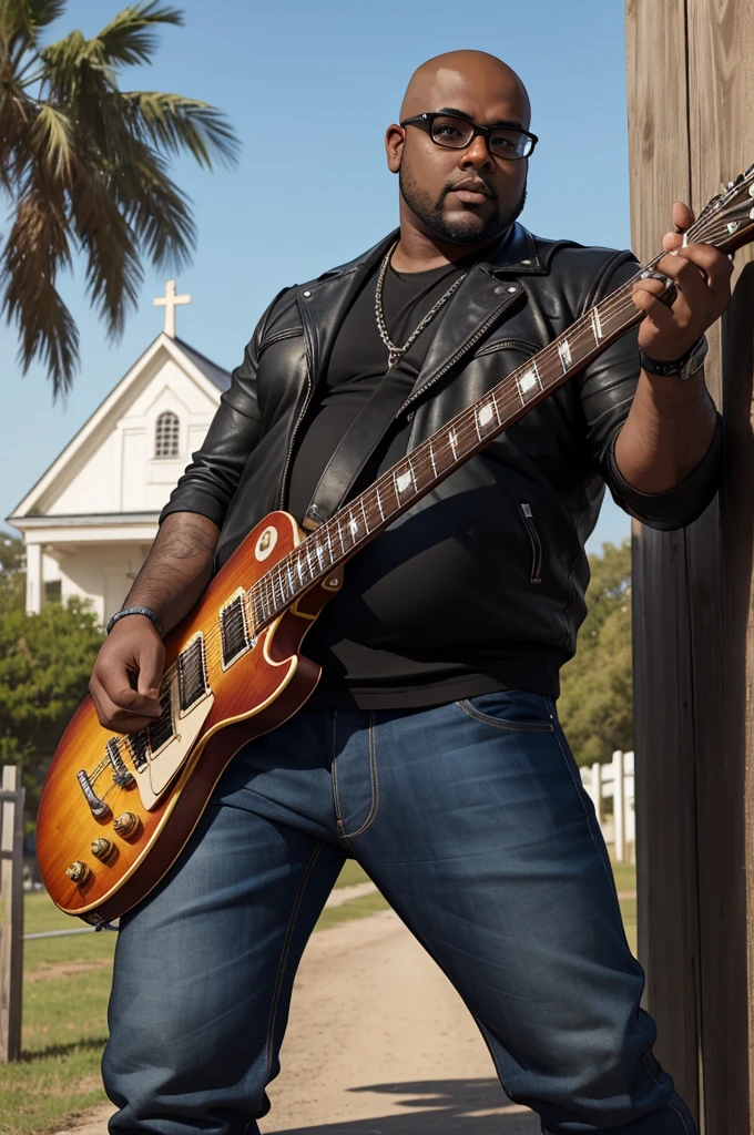 a man with dark skin, fat (overweight), bald (shaved head), black beard, medium height, with square-rimmed glasses, wearing rocker-style clothing with a black leather jacket without a shirt underneath and pants tight jeans with a chain on the front and a cloth hanging on the back and wearing black combat boots, playing the Gibson Les Paul Standard guitar, with a prominent posture in front of an isolated and small white church surrounded by a white wooden fence in a deserted terrain, front view, full body, close-up