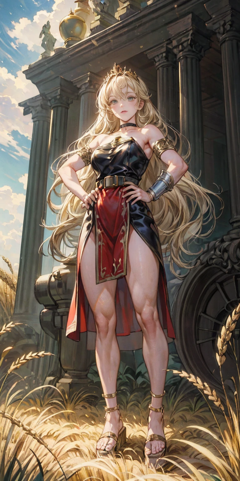 full body whole body 1sologirl, stunning painting of a knight with blonde hair, wheat field, epic clouds ((painterly)) ((impressionist)) vibrant, soft edges (((warm glow))) hands on hips, metal sandals, leather choker with golden bell, big belt, view from below, feet together, bracers, tiara