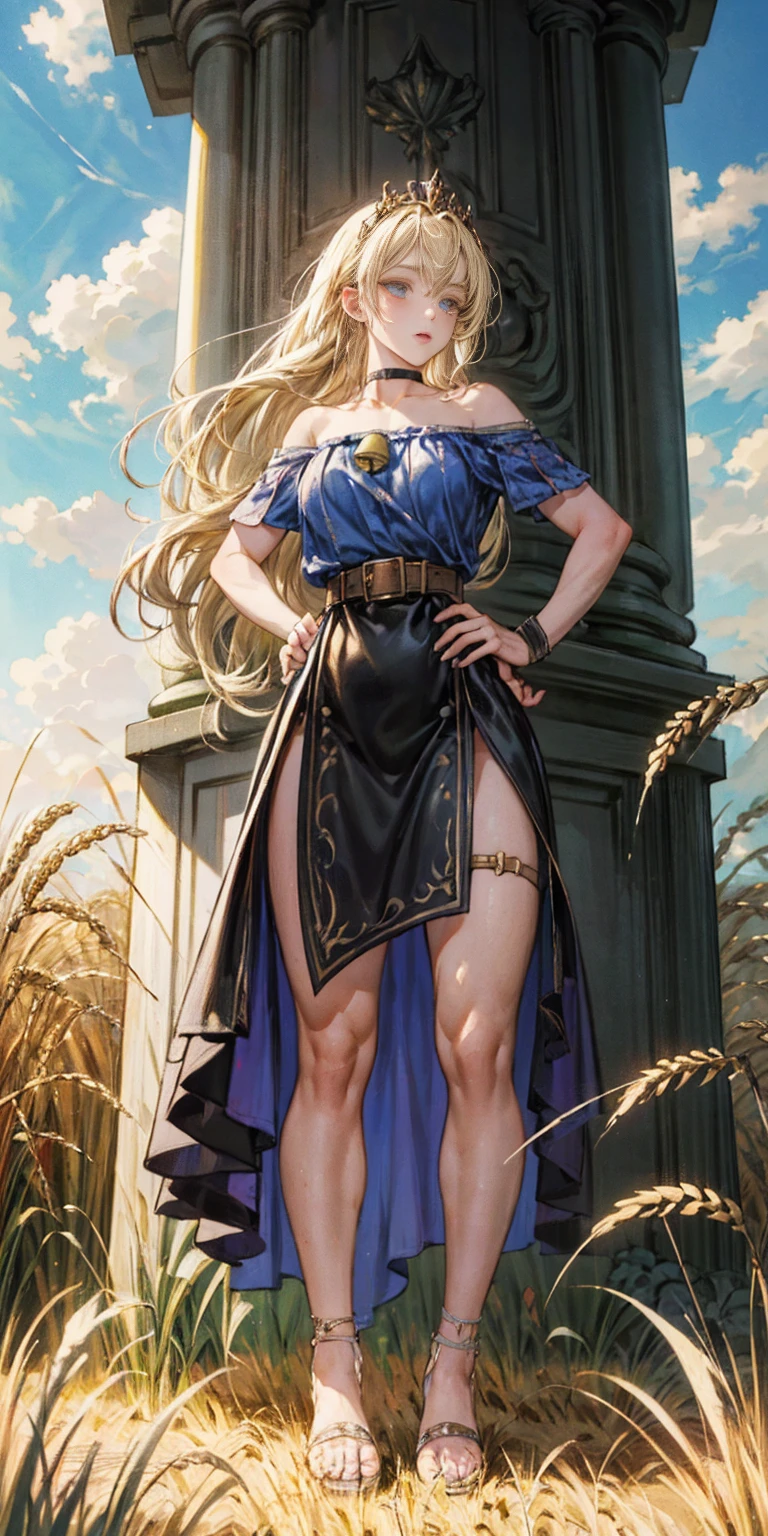 full body whole body 1sologirl, stunning painting of a knight with blonde hair, wheat field, epic clouds ((painterly)) ((impressionist)) vibrant, soft edges (((warm glow))) hands on hips, metal sandals, leather choker with golden bell, big belt, view from below, feet together, bracers, tiara