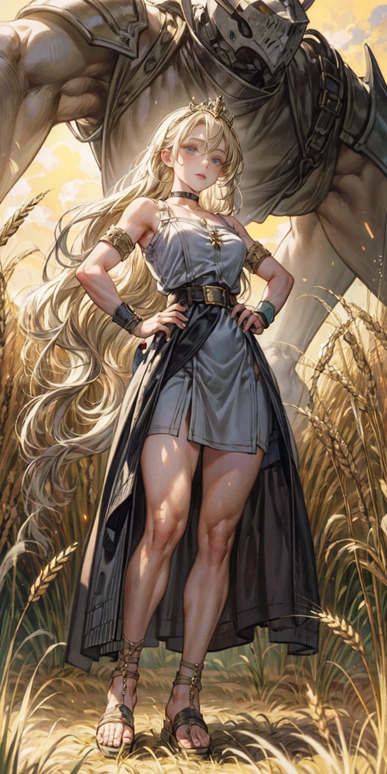 full body whole body 1sologirl, stunning painting of a knight with blonde hair, wheat field, epic clouds ((painterly)) ((impressionist)) vibrant, soft edges (((warm glow))) hands on hips, metal sandals, leather choker with golden bell, big belt, view from below, feet together, bracers, tiara