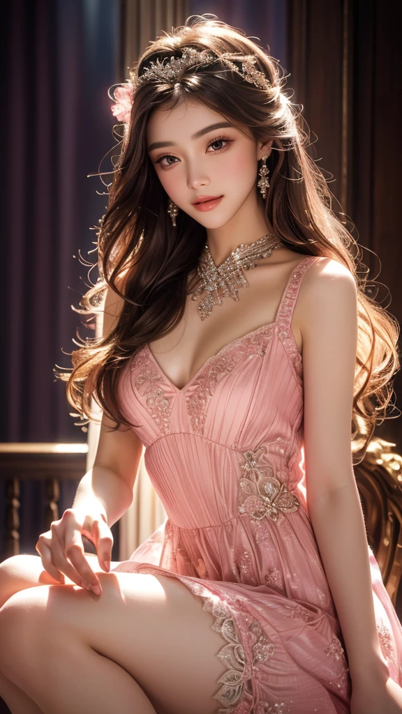 8K, UHD, MAsterpiece, best quality, 1 girl, (realistic face), very long hair, small breasts, decorated dress, very beautiful ornaments dress, pink color, lace, mesh dress, sardine, loops, ipllers, depth of field, light from the front, Light shines into the face, knee short, Face (Excitement, Surprise, Awe)