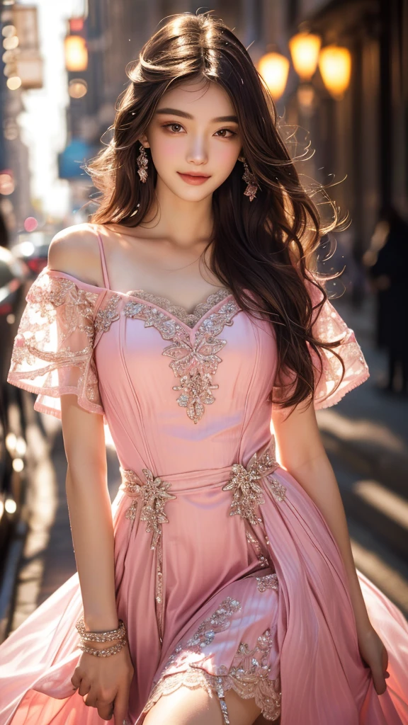 8K, UHD, MAsterpiece, best quality, 1 girl, (realistic face), very long hair, small breasts, decorated dress, very beautiful ornaments dress, pink color, lace, mesh dress, sardine, loops, ipllers, depth of field, light from the front, Light shines into the face, knee short, Face (Excitement, Surprise, Awe)