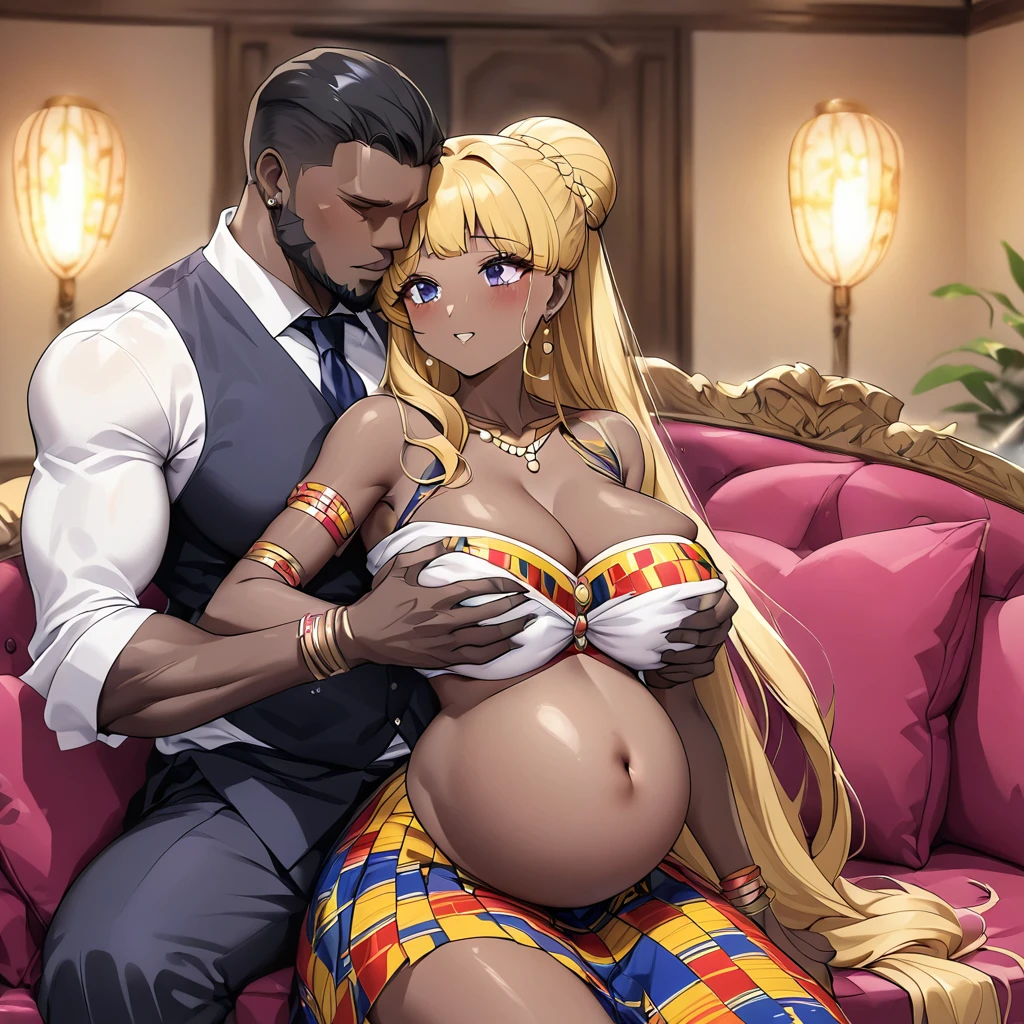 ((Highest quality)), ((masterpiece)), (detailed), (Perfect Face)、The woman is a Ghanaian black woman named Tsukino Usagi with vivid dark skin. She is wearing the gorgeous, colorful, glittering Ghanaian traditional kente dress in a luxurious Ghanaian mansion, and is wearing gorgeous jeweled accessories and an engagement ring. The woman and the man are sitting on a luxurious, large sofa in the luxurious room, and the woman is being embraced by a dignified, muscular, bearded, middle-aged Ghanaian man wearing Ghanaian traditional dress, who is touching her breasts and groin and kissing her.、The woman is the elegant Tsukino Usagi, with long blonde hair in a chignon twin tail, and a vivid dark-brown skin wearing the colorful Ghanaian national dress, Kente.、(The woman is a dark-skinned black Ghanaian.)、the woman is pregnant