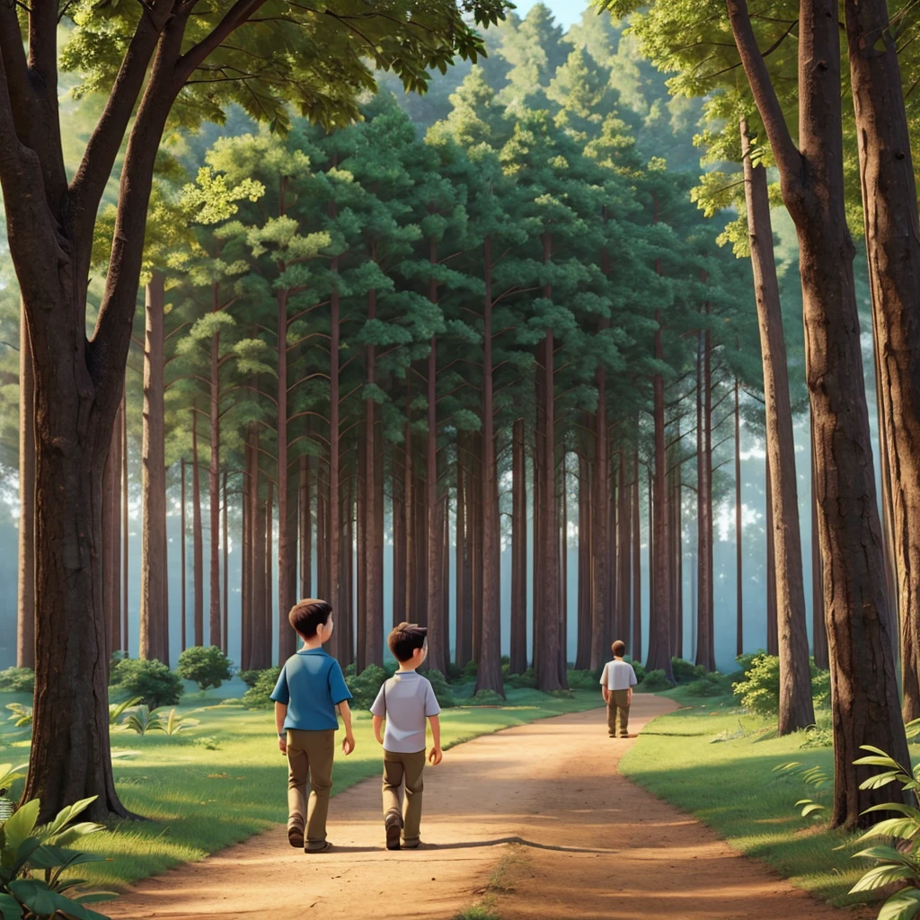 Two adult boy friends walk in big forest