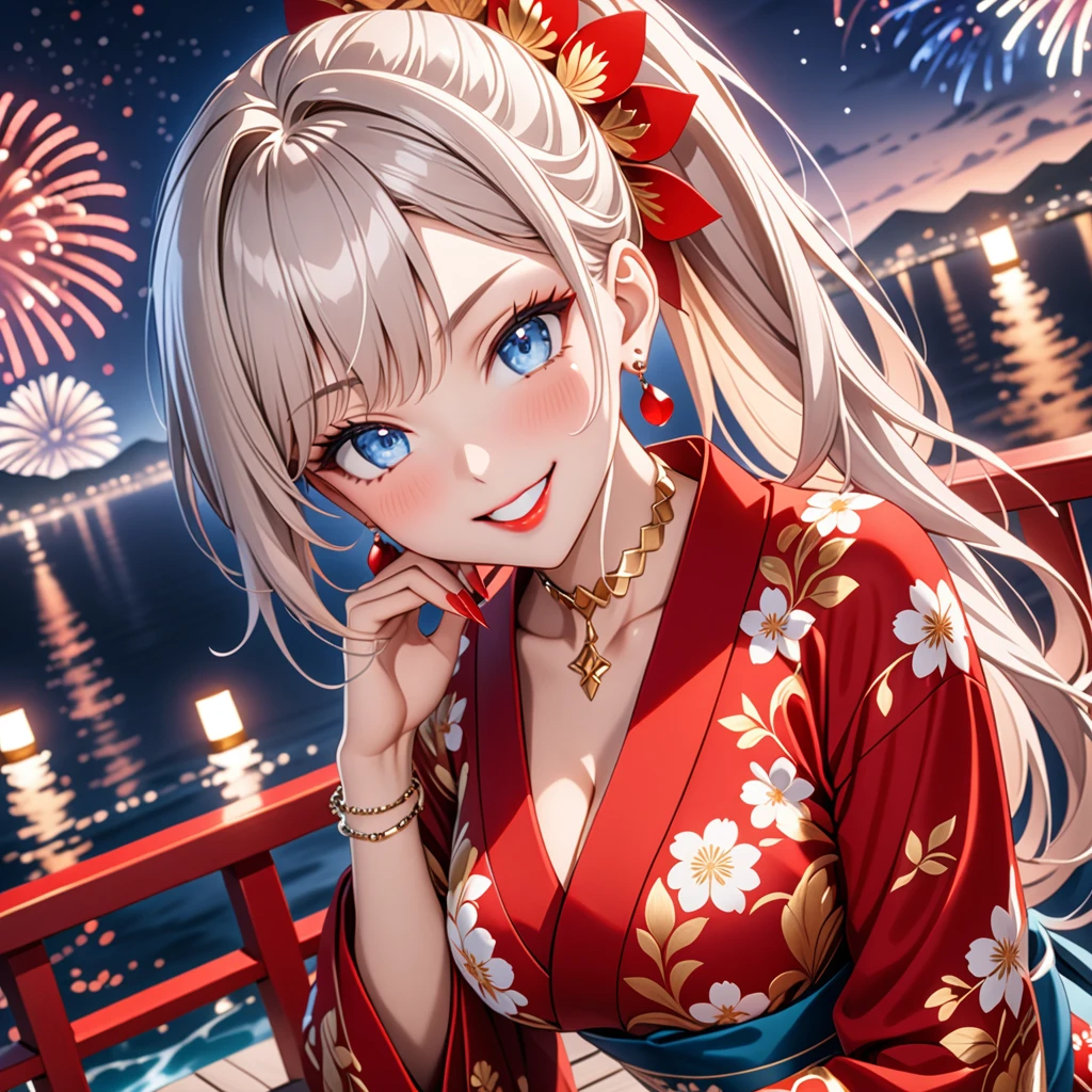 ((One personの女性)), Beautiful Face, (Laughing embarrassedly), (smirk:1.4), ((Wink:1.5)), (head tilt:1.3), Laugh with your mouth wide open, upper teeth, looking at viewer, (Doing sexy poses), ((Bright red cheeks:1.4)), Glossy Red Lips, night,Terrace with sea view, firework, Glossy red lips, Shining Face, ((Anime style background)),masterpiece, Highest quality, so beautiful,up to date, Complex details, (long nails of red color), (nail art), (ring),(bracelet),(Floral choker), (helix piercing), AI-generated, Complex,High resolution, Highest quality, super high quality,3D Images、3D Images,One person,Long white hair,High Ponytail, Anime woman posing for a photo, (blue eyes:1.2), ((Fine grain、Light silvery white eyes、Shining Eyes:1.3)), (Squint your eyes:1.1),a hyperRealistic , hyperRealistic , Realistic,Anime woman with long white hair, Smooth anime CG art, (A woman in a colorful kimono with gold embroidery), ((Black long sleeve kimono)), Red floral pattern,Long flower hair ornament,Earrings,Mature Body,(Big Breasts:1.2),Tall,Abdominal muscles,Tight waist, (face focus:1.3), (dutch angle:1.3),