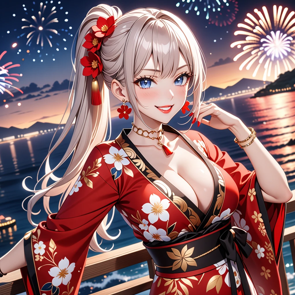 ((One personの女性)), Beautiful Face, (Laughing embarrassedly), (smirk:1.4), ((Wink:1.5)), (head tilt:1.3), Laugh with your mouth wide open, upper teeth, looking at viewer, (Doing sexy poses), ((Bright red cheeks:1.4)), Glossy Red Lips, night,Terrace with sea view, firework, Glossy red lips, Shining Face, ((Anime style background)),masterpiece, Highest quality, so beautiful,up to date, Complex details, (long nails of red color), (nail art), (ring),(bracelet),(Floral choker), (helix piercing), AI-generated, Complex,High resolution, Highest quality, super high quality,3D Images、3D Images,One person,Long white hair,High Ponytail, Anime woman posing for a photo, (blue eyes:1.2), ((Fine grain、Light silvery white eyes、Shining Eyes:1.3)), (Squint your eyes:1.1),a hyperRealistic , hyperRealistic , Realistic,Anime woman with long white hair, Smooth anime CG art, (A woman in a colorful kimono with gold embroidery), ((Black long sleeve kimono)), Red floral pattern,Long flower hair ornament,Earrings,Mature Body,(Big Breasts:1.2),Tall,Abdominal muscles,Tight waist, (face focus:1.3), (dutch angle:1.3),