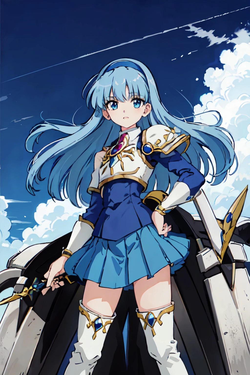 Outdoor,Masterpiece,high quality,magic_knight_Rayearth, One girl, alone, Long Hair, Blue Hair, White Armor, Blue Skirt, zettai ryouiki, Thigh-high boots, White boots, Blue Hairband,blue eyes, ,Blunt bangs,blazer, Blue jacket,Pauldrons