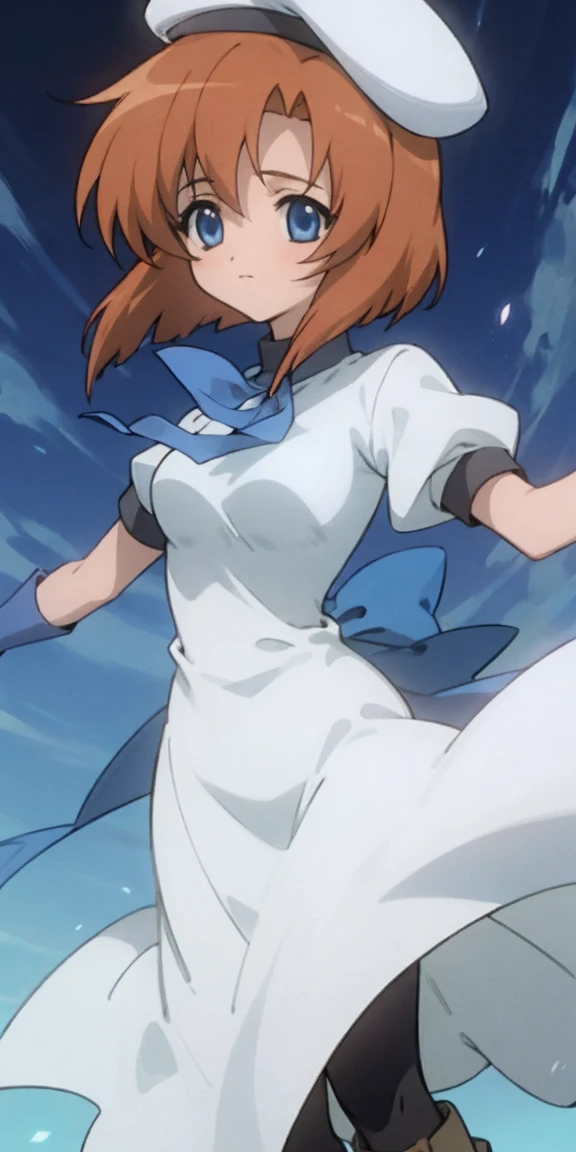 One girl,Beautiful viewasterpiece、Highest quality),Short Hair,Orange Hair,Blue wristband,Black tights,boots,Short sleeve,Light colors,White long slit dress、White Beret,Blue eyes,ribbon
