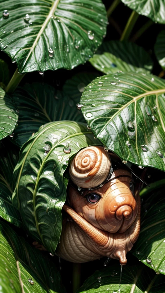 A snail with a human face、after the rain、On a hydrangea leaf、Dripping with rain