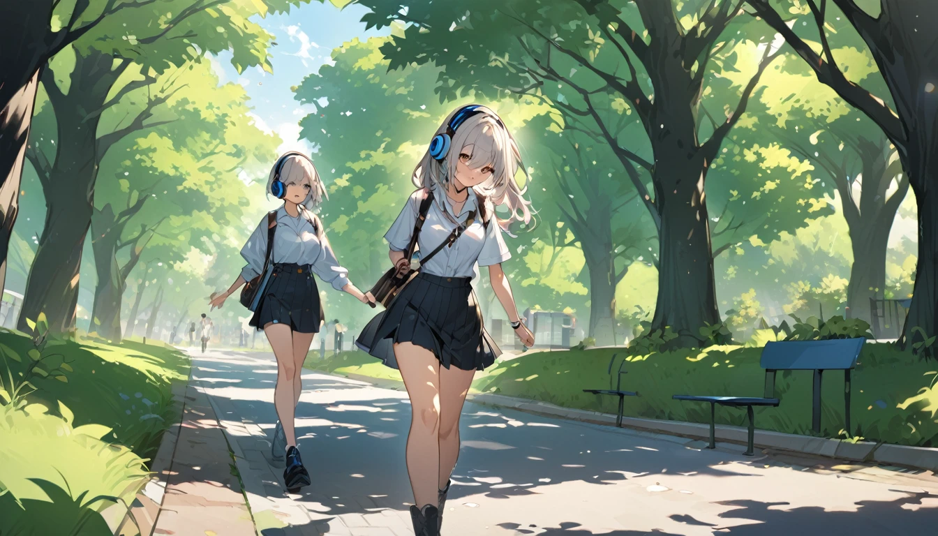 (Highest quality), One high school girl,,Headphones,Walking in the park