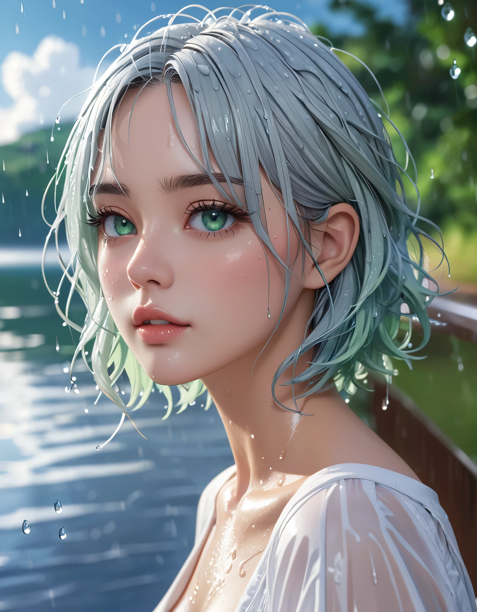 (best quality, masterpiece :1.3), pretty Woman, 1 girl, (Large Breasts, Beautiful clavicle, Attractive figure :1.2), short hair, Wavy ends, Silver hair gradient light blue hair, messy hair, single sidelock, (wet from rain, get wet by rain, wet :1.2), Sky blue gradient lake green eyes, pupils reflect surroundings, super detailed face, delicate lips, exquisite eyes, double eyelids, long upper eyelashes, upturned eyes, pupils sparkling, 16k, high details