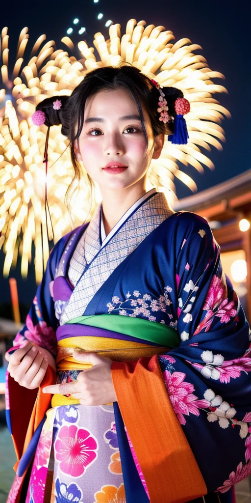 (fireworks), 1girl,(matsuri) (スイカ柄のkimono), , (absurdres, highres, masterpiece), (night), vibrant colors, fluid colors, fine detailed beautiful face, ultra detailed, cowboy shot