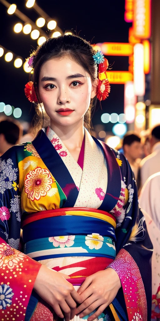 (fireworks), 1girl,(matsuri) (スイカ柄のkimono), , (absurdres, highres, masterpiece), (night), vibrant colors, fluid colors, fine detailed beautiful face, ultra detailed, cowboy shot