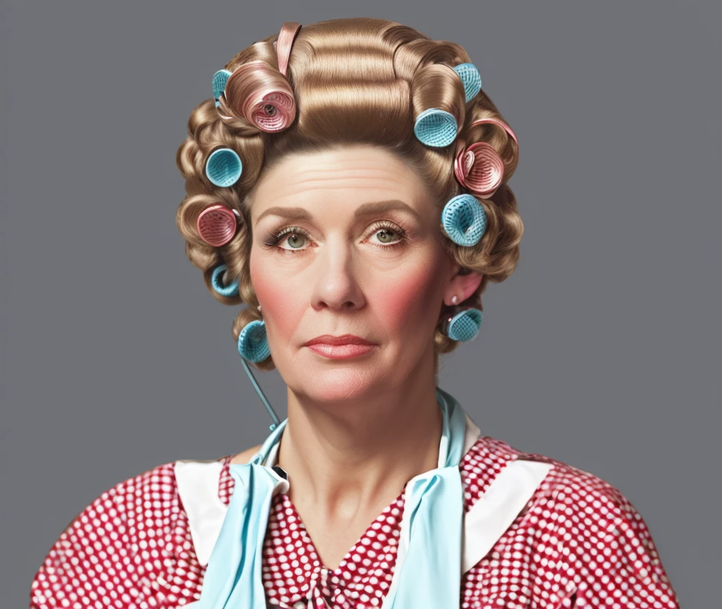 there is a woman with curlers on her head and a tie around her neck, realistic studio portrait, in Norman Rockwell style, norman rockwell style, real life portrait, non-craola style portrait, inspired by Norman Rockwell, ugly woman, inspired by Cindy Sherman, oily hair, Peggy Hill, Norman Rockwell style, by Ben Zoeller