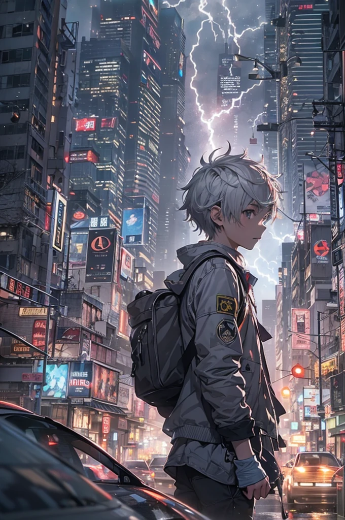 1 young boy,(15 year old boy:1.5)、3D anime style protagonist、cyberpunk boy、silver hair、spiky hairstyle、railgun、Sword of Japan on the back、Full bloody body、looking at the camera、Thrown from the knee up、The Beginning of the Adventure、many clouds,intense fog、large moon、lightning strike、Chaotic city of the future、Cinematic dystopia、A group of very tall skyscrapers stands in the center、Very complex urban landscape,Crowded Chinese skyscrapers、High Radio Tower、trees、Traffic signs、street lights、taxis、bus、train、warm lighting,dark road、puddles、Chaotic、Beautiful and fantastic scenery、Cinematic setting、high qualiy、tabletop,in 8K、high resolution、