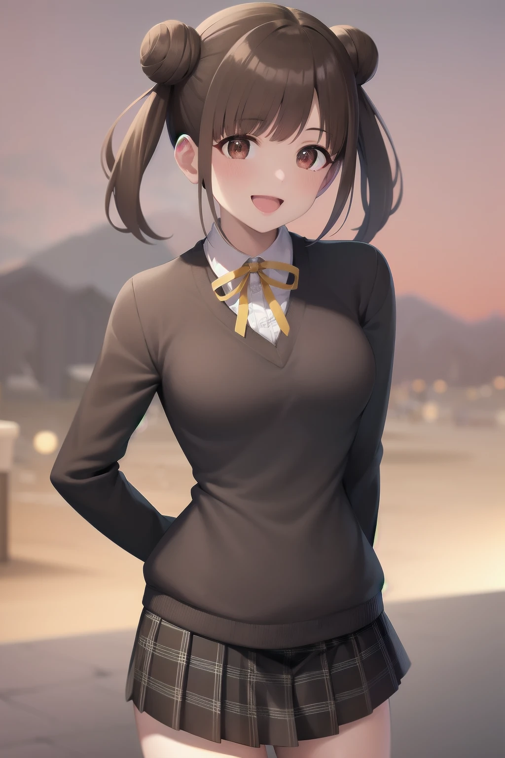 {{THE IDOLM@STER Shiny Colors}}, {{official style}}, 
aachiyoko, double bun, twintails, 
best quality, ((highly detailed)), masterpiece, best quality, highres, 
cowboy shot, seductive smile, 

neck ribbon, yellow ribbon, collared shirt, sweater vest, blazer, black jacket, open clothes, long sleeves, plaid skirt, brown skirt, outdoor, cherry blossoms, smile, leaning forward, standing, cowboy shot, open mouth, arms behind back, 