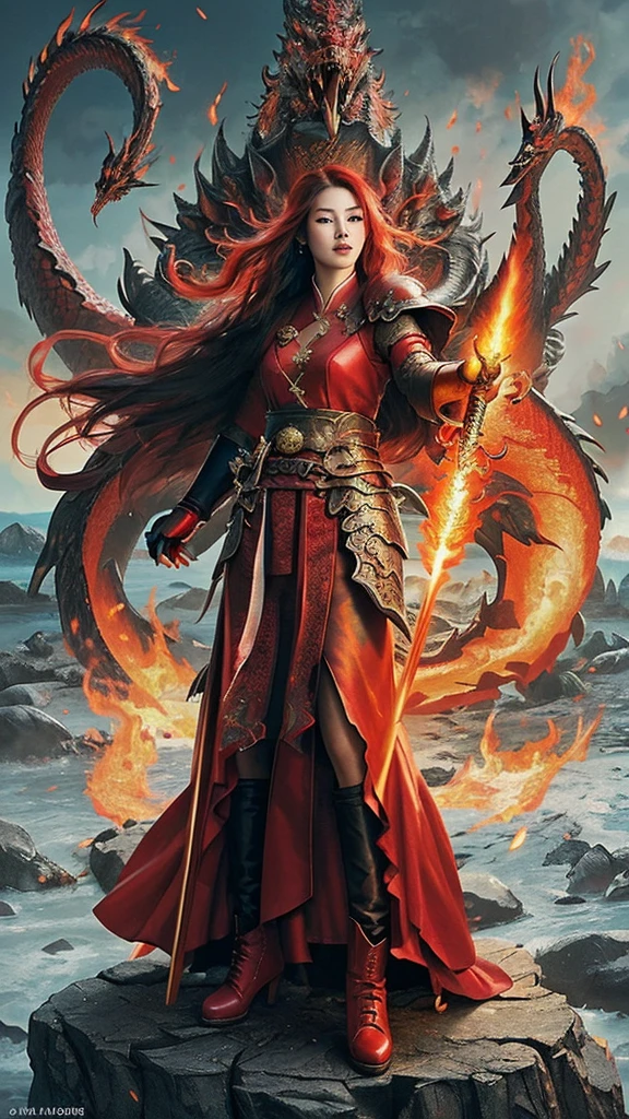 realistic photo of a woman, Asian face, fantasy warrior clothes, red, black, gloves, red shoes, long hair, wind blowing effect, fighting a large dragon monster, an orc with a flaming sword in her right hand, bright red and full lips. fire, flmngprsn, hand, holding, standing on island rock, stick medieval old style fashion front facing colored fire effect smoke background in sea of fire effects and realistic sparks masterpice ultra hd visible full body.