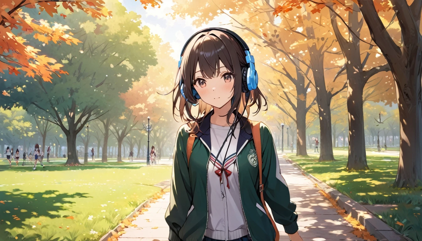 (Highest quality), One high school girl,,Headphones,Walking in the park