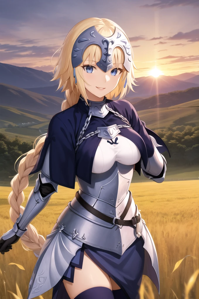 masterpiece, best quality, highres, aajd, long hair, single braid, long braid, headpiece, blue capelet, blue cape, cape cloak, blue shirt, armor, armored dress, blue dress, gauntlets, black thighhighs, smile, reaching out, sunset, field,
