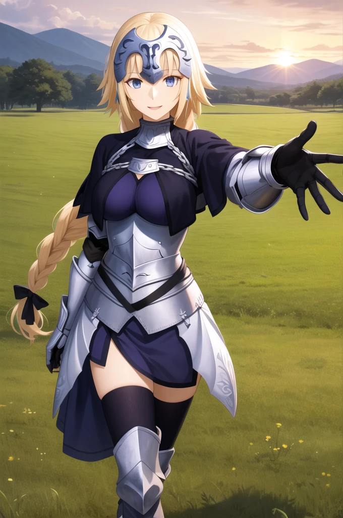 masterpiece, best quality, highres, aajd, long hair, single braid, long braid, headpiece, blue capelet, blue cape, cape cloak, blue shirt, armor, armored dress, blue dress, gauntlets, black thighhighs, smile, reaching out, sunset, field,